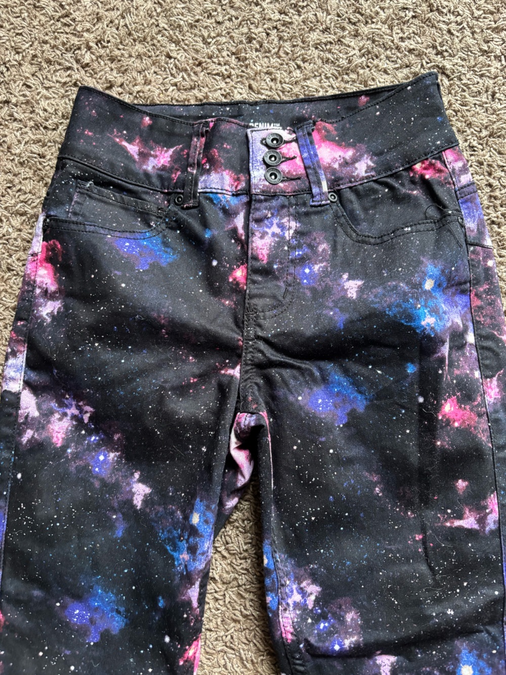 High-Rise Galaxy Print Women’s Jeans — Black with Purple & Pink Accents